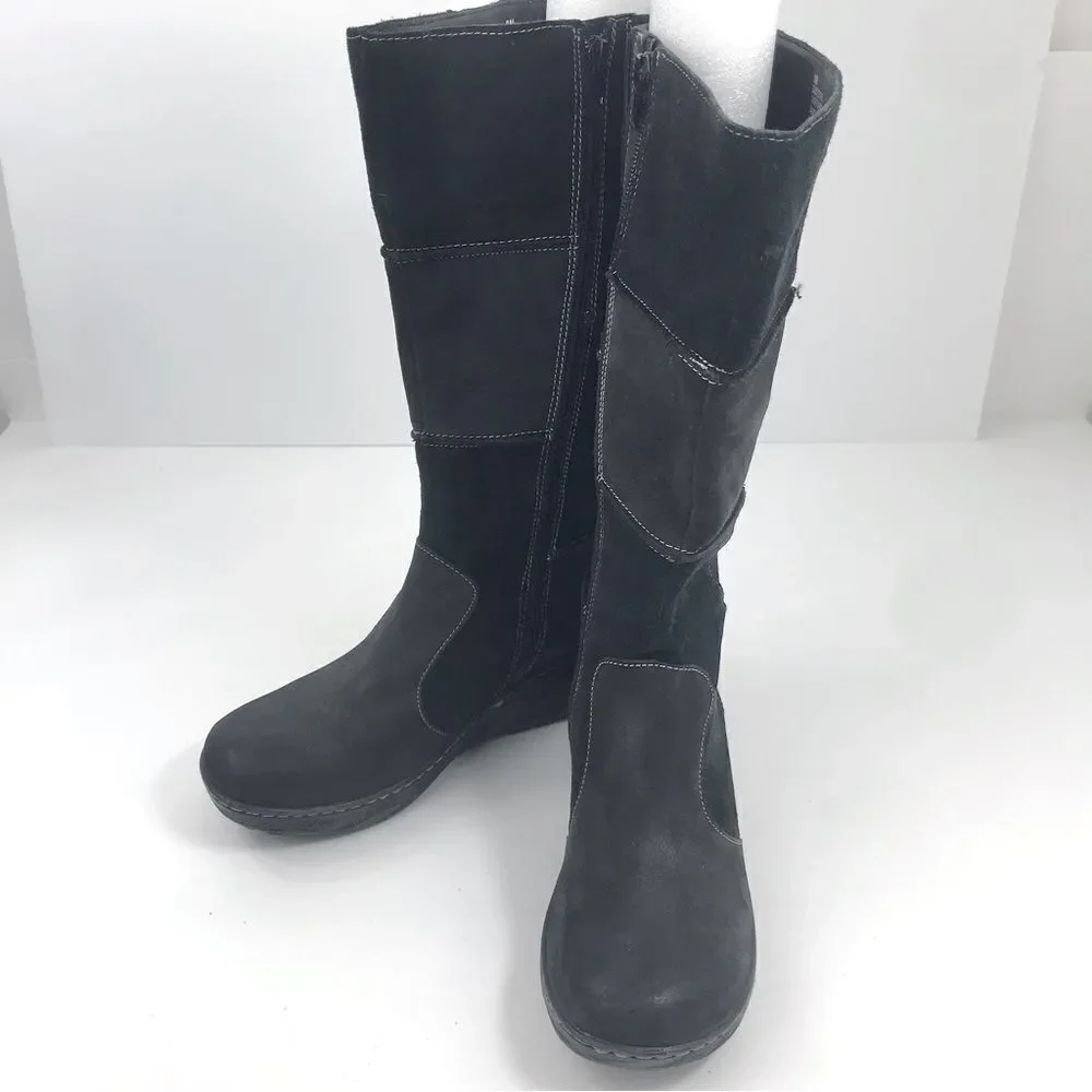 B.O.C. Black Suede Leather Patchwork Side Zip Wedge Heel Tall Boots